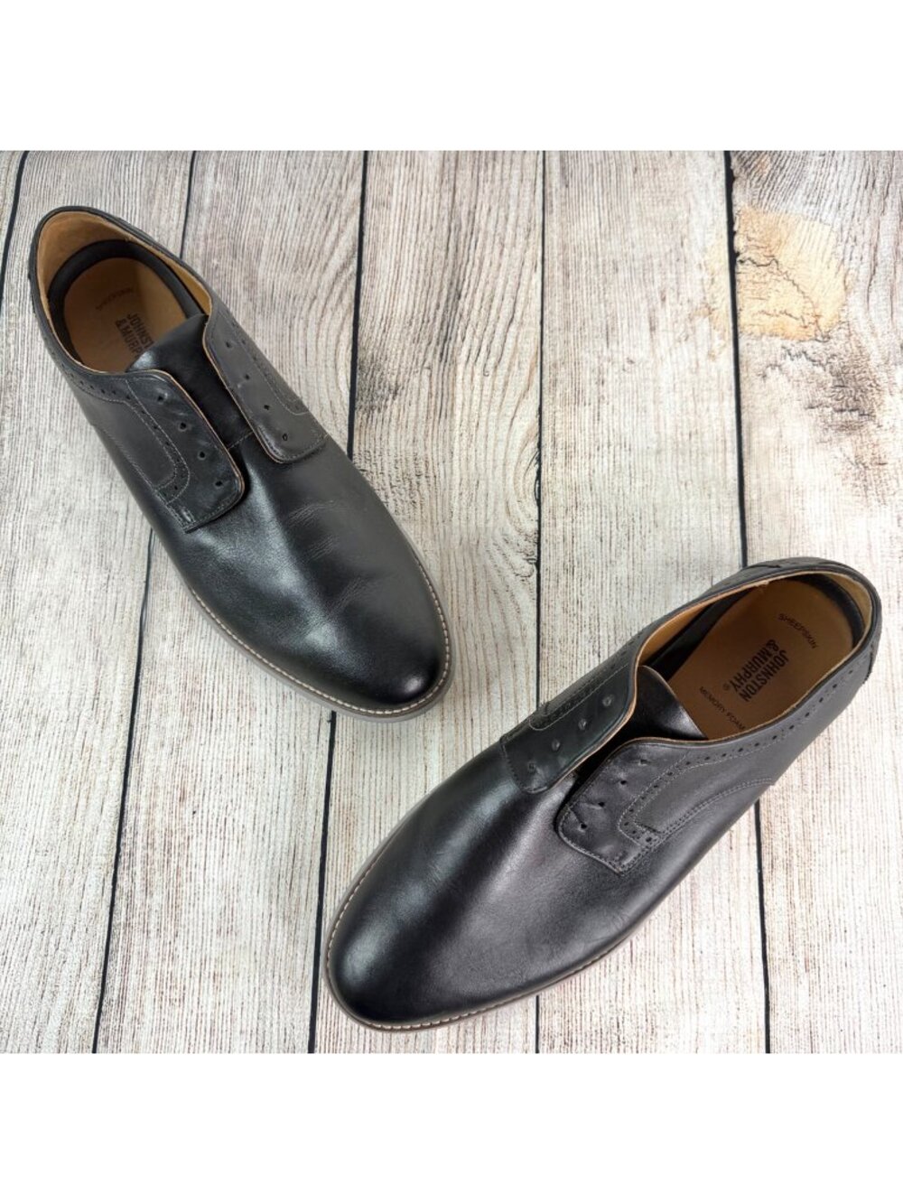 Johnson & Murphy Mens Black Leather Holden Plain Toe Dress Shoes 13M Sheepskin